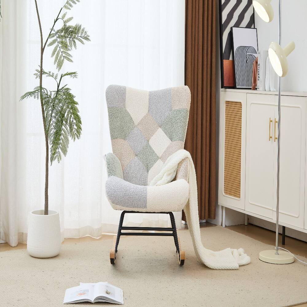 Alt View 4. Loheer - Loheer Nursery Rocking Chair Teddy Fleece Glider Rocker with Side Pocket Upholstered Accent Armchair Patchwork Yellow - Yellow Patchwork.