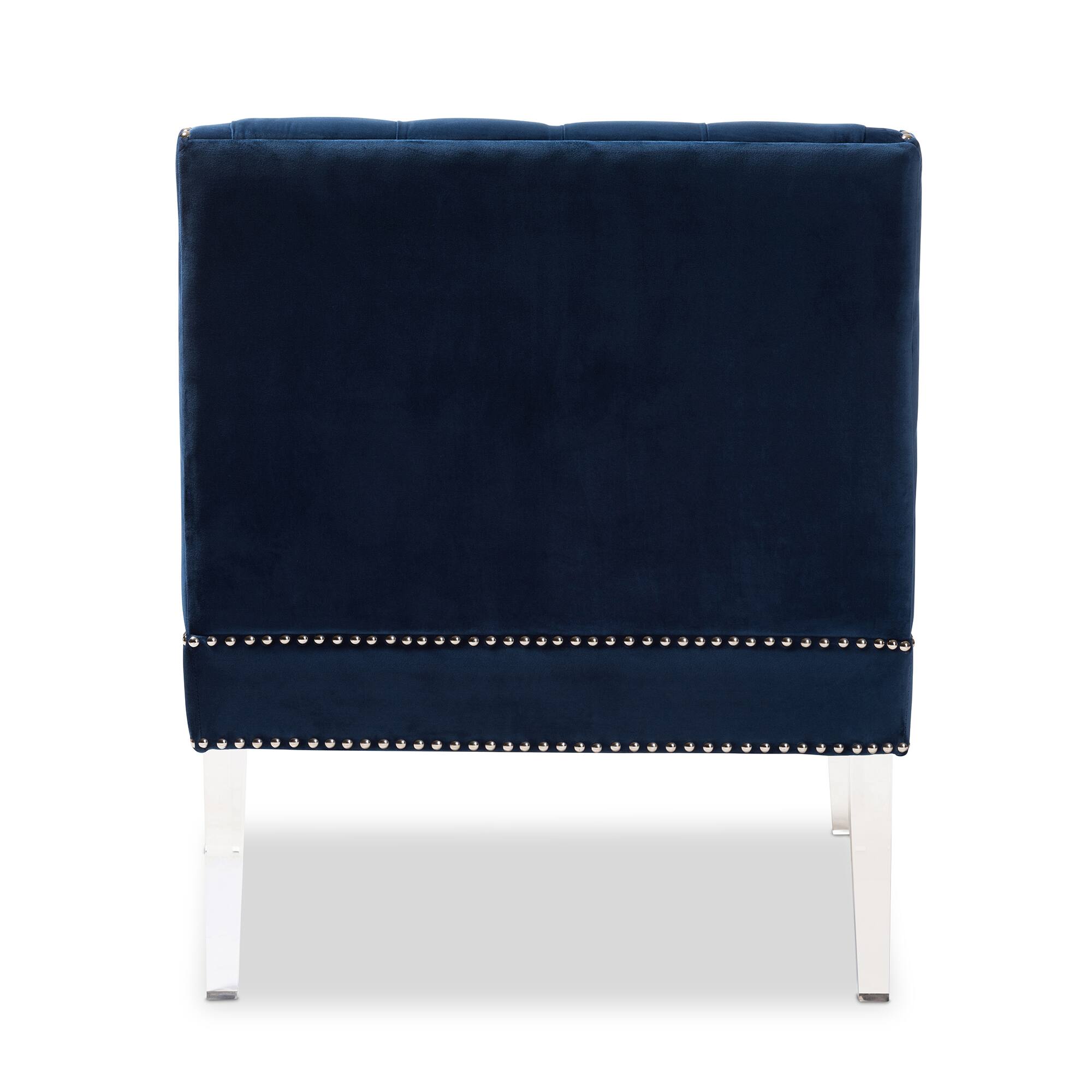 Back. Baxton Studio - Silvana Modern and Contemporary Velvet Fabric Upholstered Lounge Chair with Acrylic Legs - Navy Blue/Clear.