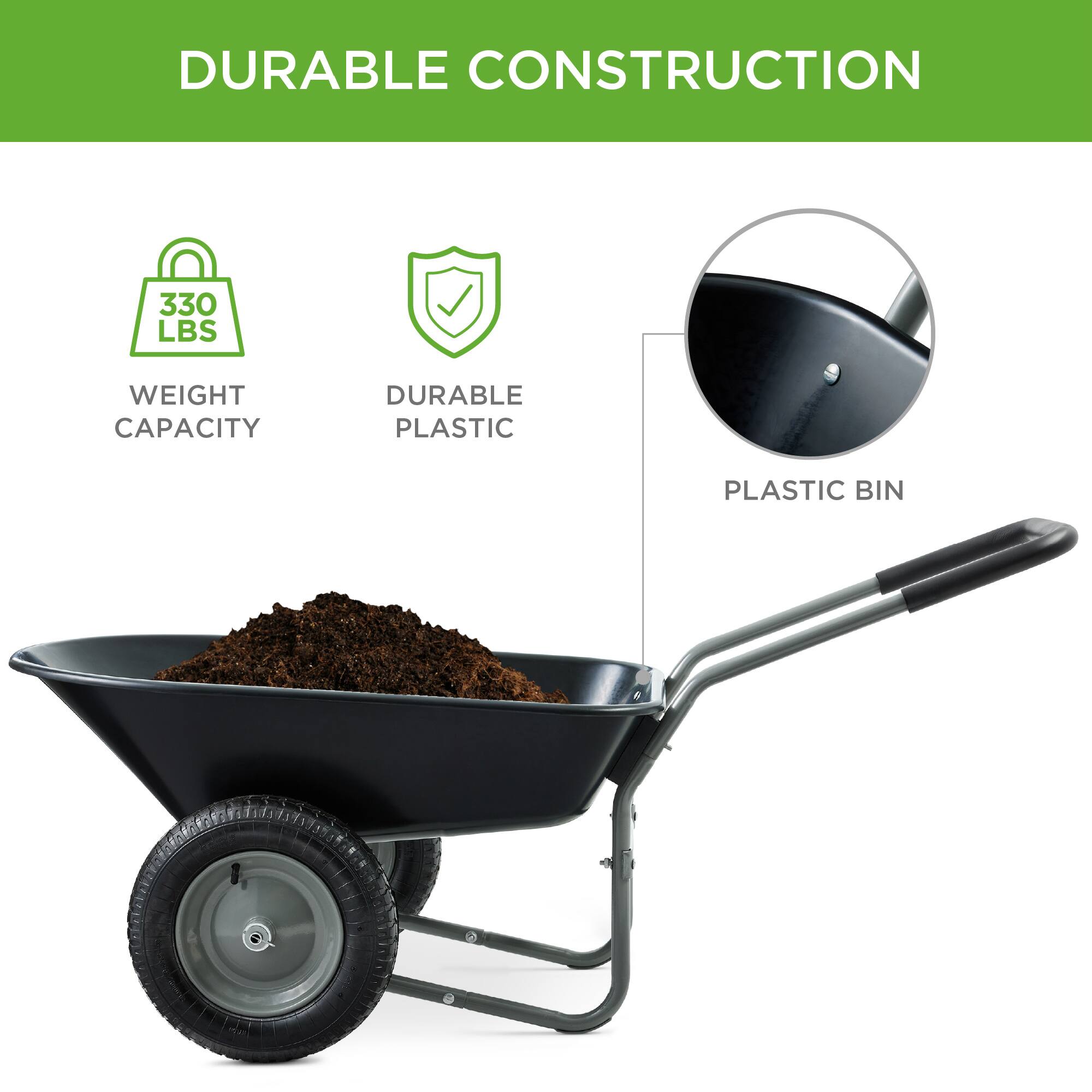 DURABLE CONSTRUCTION

- 330 LBS WEIGHT CAPACITY
- DURABLE PLASTIC
- PLASTIC BIN