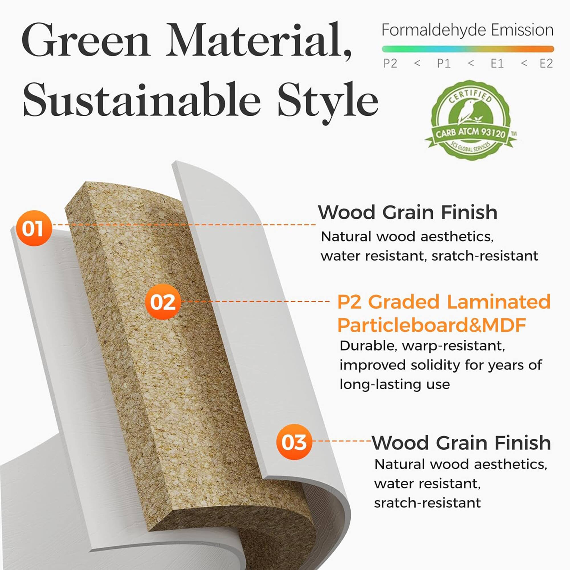 Green Material, Sustainable Style

Formaldehyde Emission: P2 < P1 < E1 < E2

1. Wood Grain Finish
   - Natural wood aesthetics, water resistant, scratch-resistant

2. P2 Graded Laminated Particleboard & MDF
   - Durable, warp-resistant, improved solidity for years of long-lasting use

3. Wood Grain Finish
   - Natural wood aesthetics, water resistant, scratch-resistant

Certified: CARB ATCM 93120
RS ACE GLOBAL SERVICES
