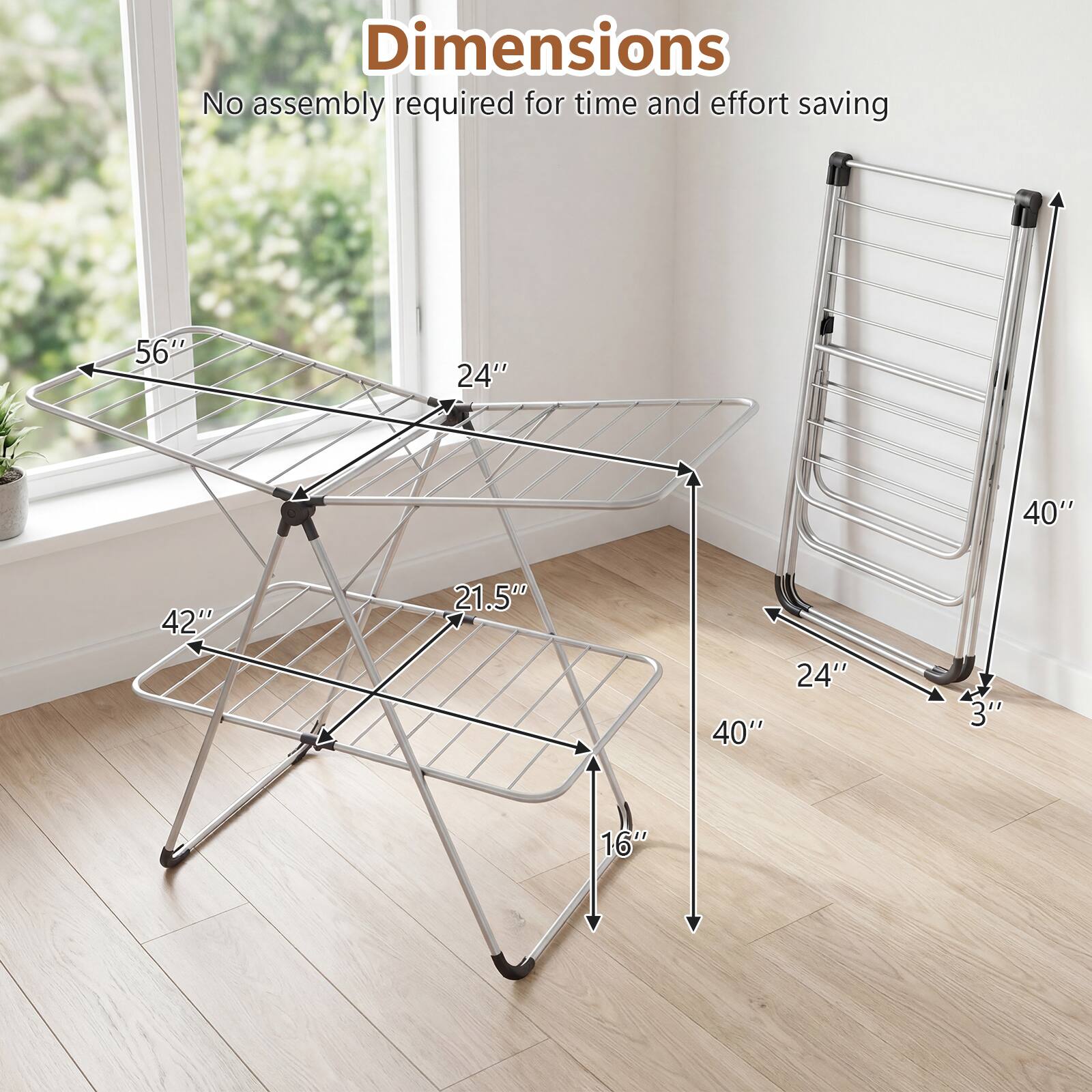 Dimensions: No assembly required for time and effort saving

- 56" 
- 24" 
- 40" 
- 42" 
- 21.5" 
- 40" 
- 24" 
- 3" 
- 16"