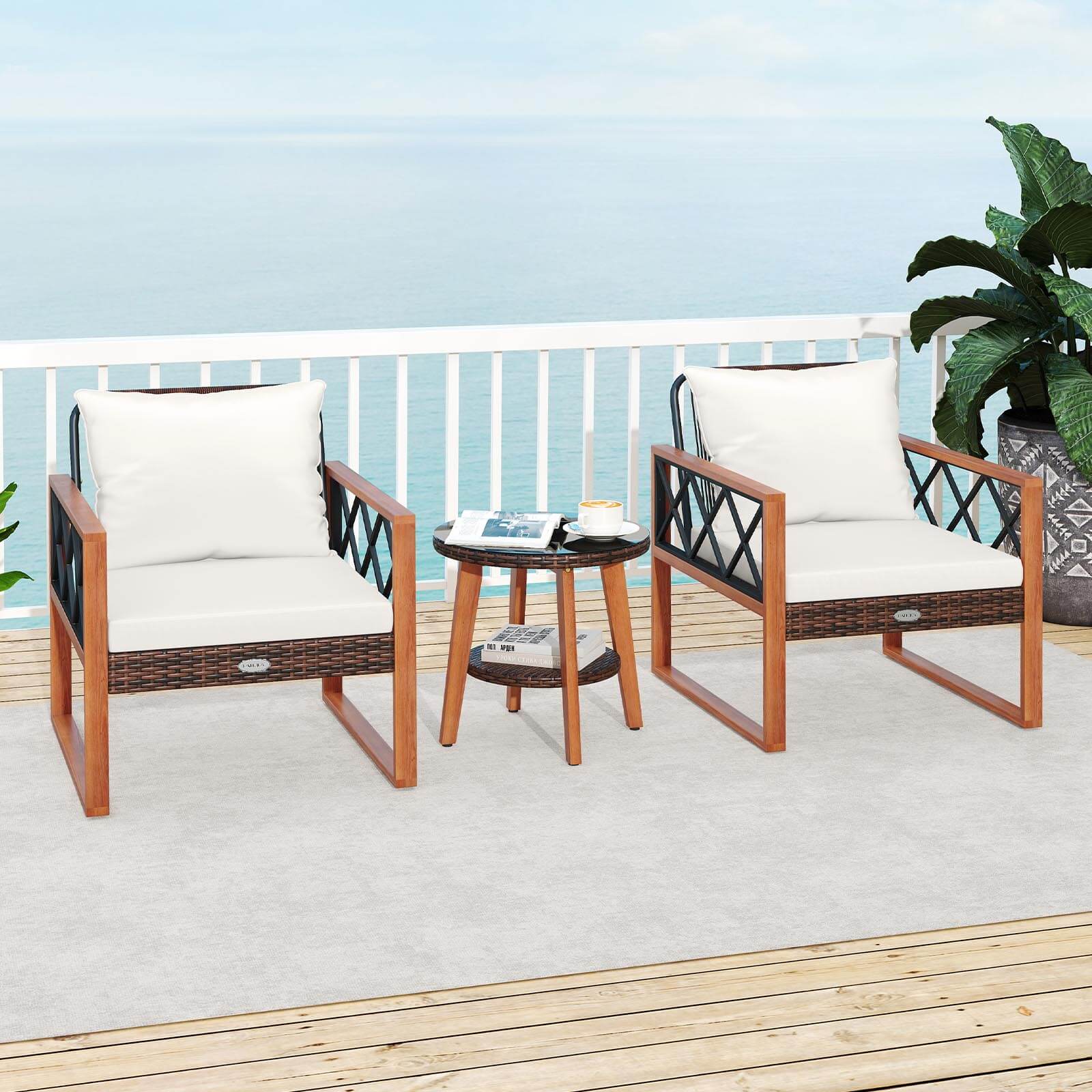Alt View 4. Costway - Costway 3 PCS Patio PE Wicker Furniture Set with Solid Acacia Wood Frame & Cushions - White.