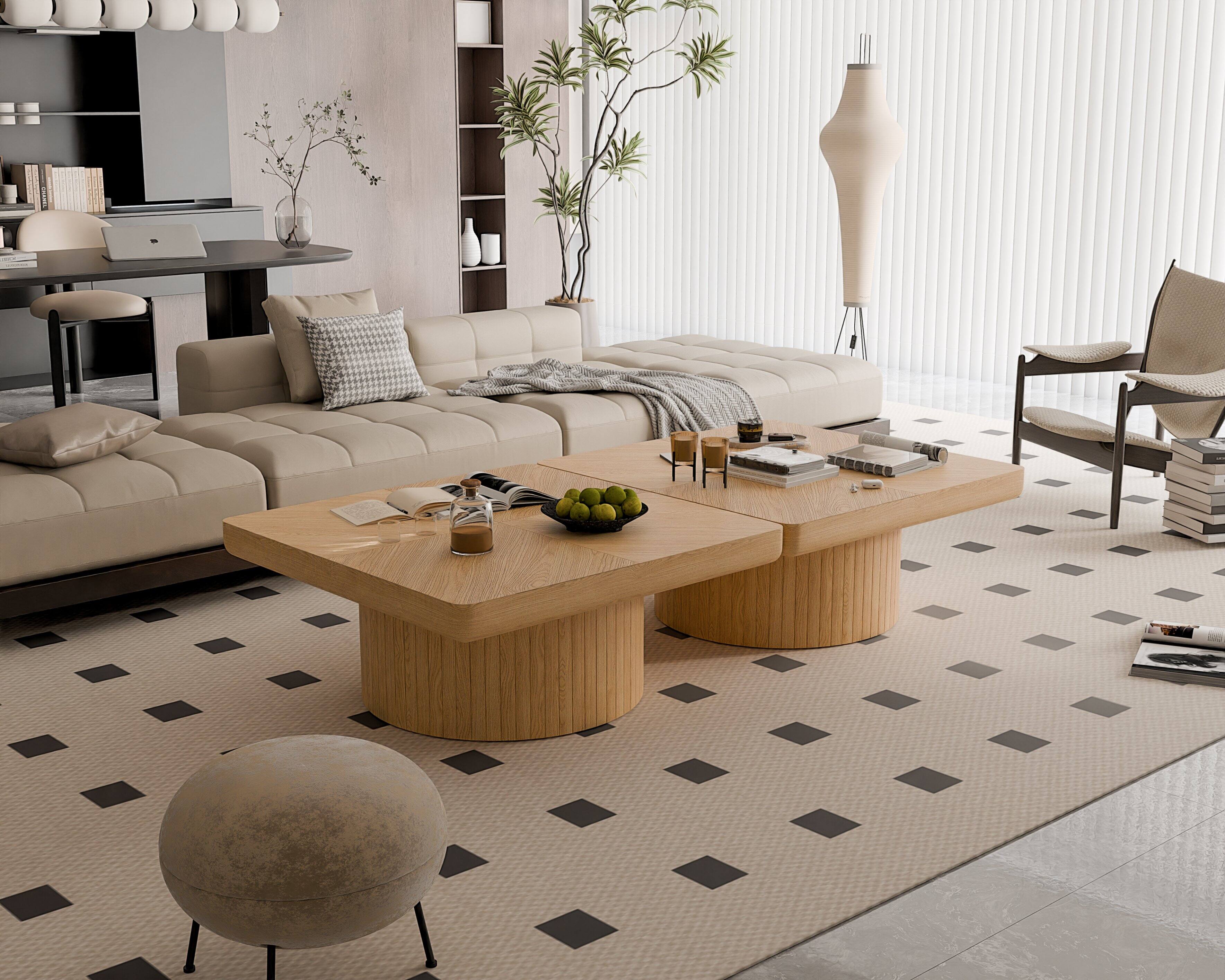 Alt View 3. Loheer - Loheer 34.6 Inch Square Coffee Table Modern Wood Veneer Center Table with Parquet Pattern and Cylindrical Base Natural - Natural Wood.