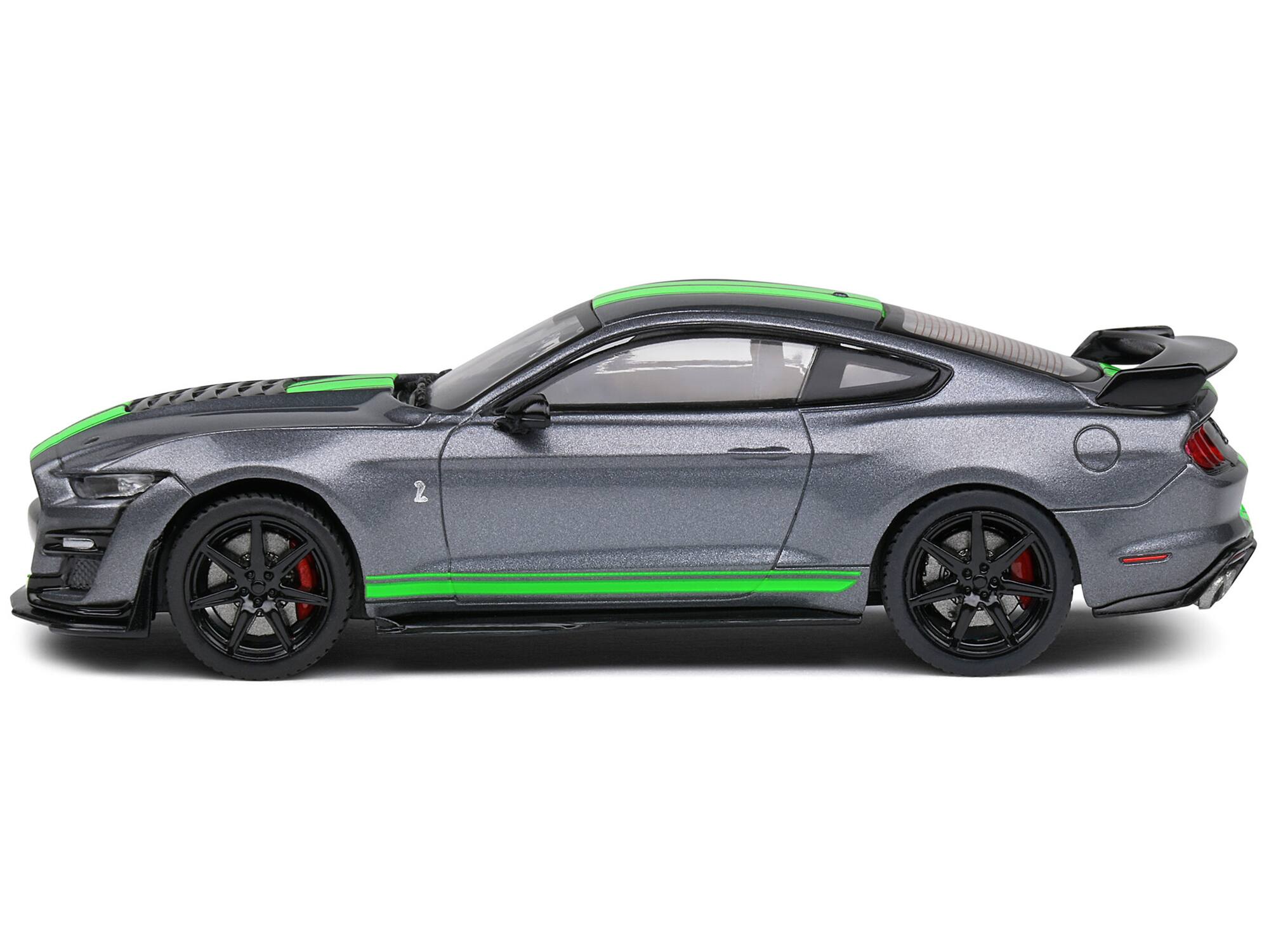 Angle. Solido - Shelby Mustang GT500 Fast Track Gray Metallic with Neon Green Stripes 1/43 Diecast Model Car by Solido - Gray Metallic With Neon Green.