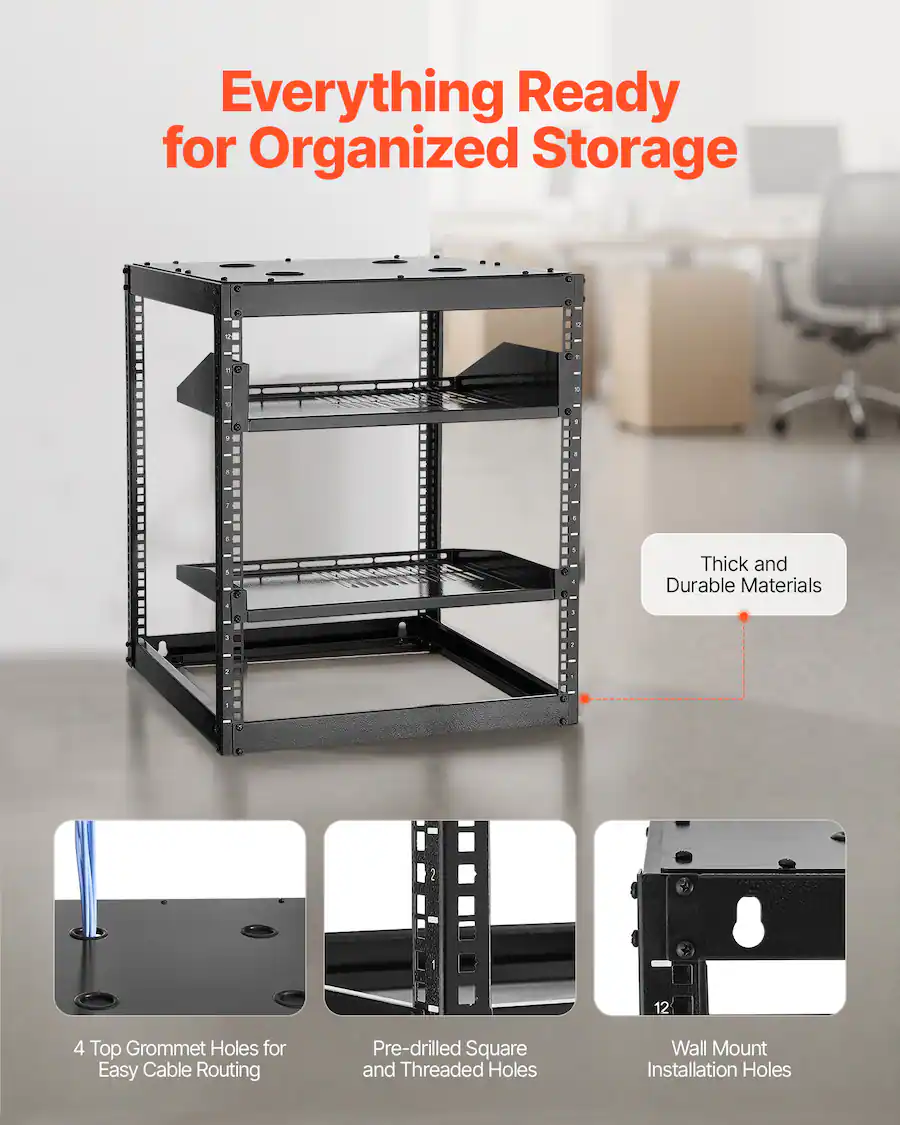 Spt Racks VEVOR 12U Open Frame Network Rack, 23 in Depth, Wall Mounted or Floor ...