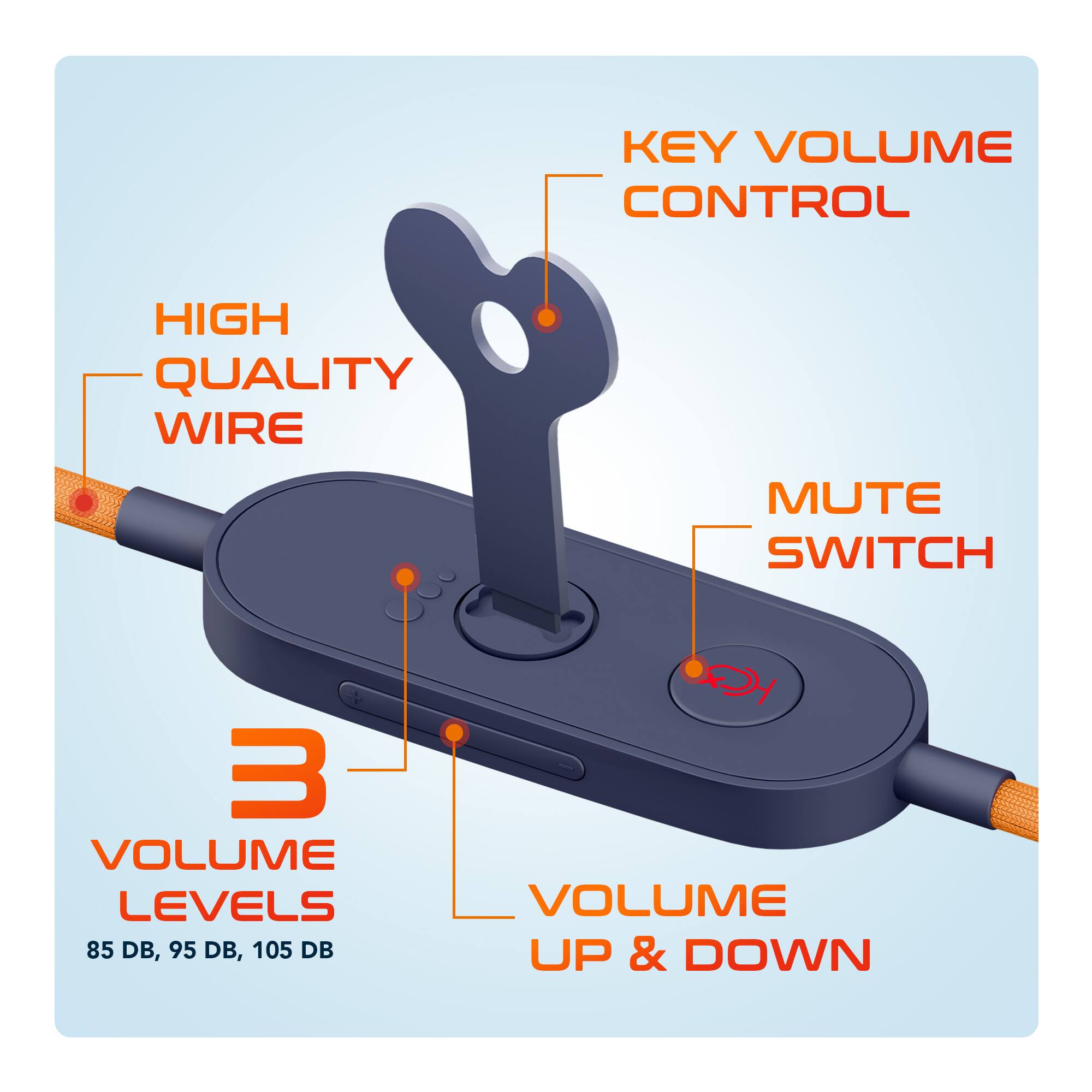 - Key Volume Control
- High Quality Wire
- Mute Switch
- 3 Volume Levels (85 dB, 95 dB, 105 dB)
- Volume Up & Down
