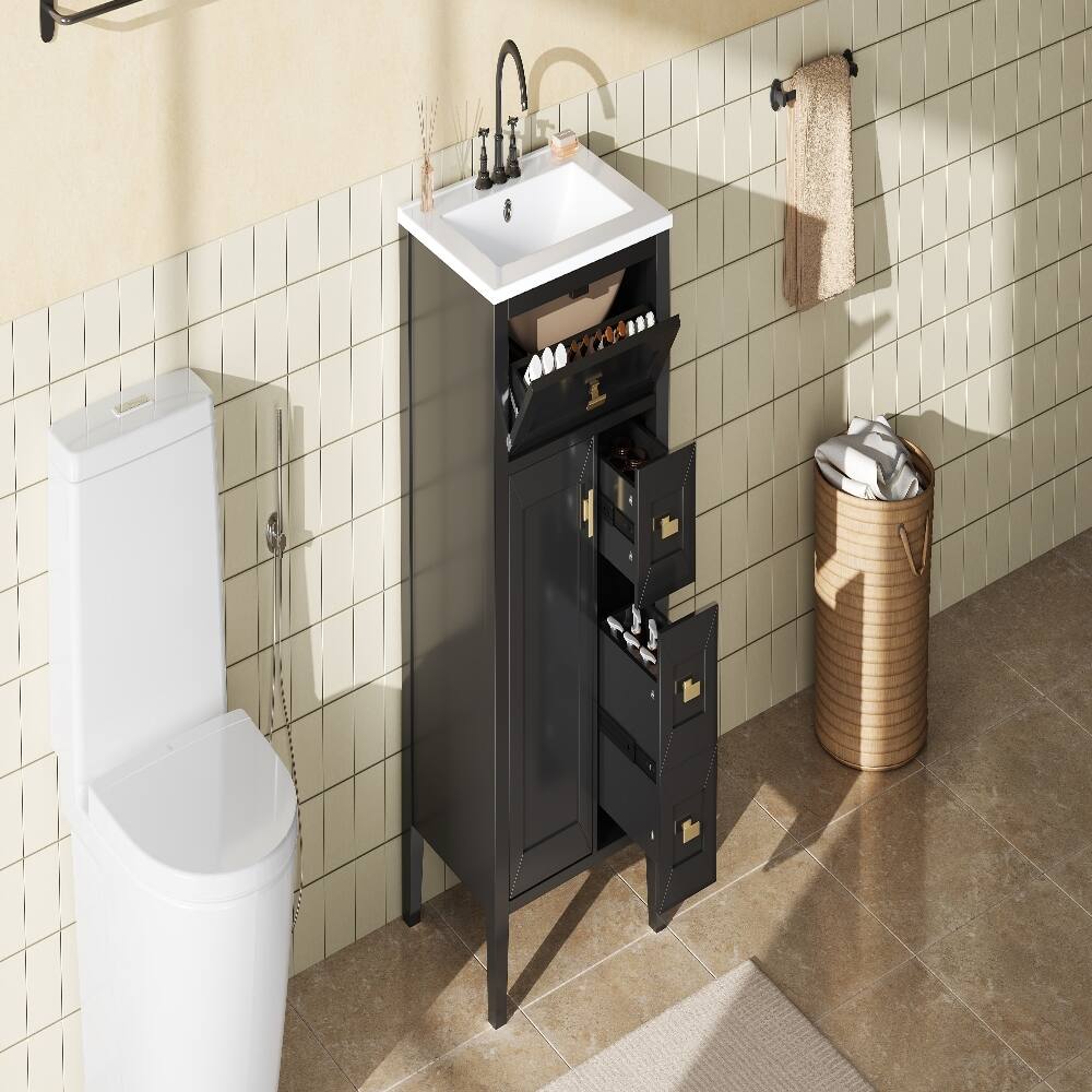 Back. Loheer - Loheer 24 inch black bathroom vanity with sink, MDF and Rubberwood, 3 Drawers - Black.