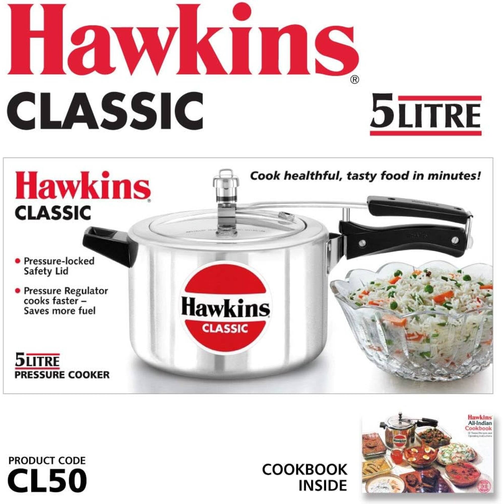 Hawkins Classic 5Litre

Hawkins Classic

Cook healthful, tasty food in minutes!

Pressure-locked Safety Lid
Pressure Regulator cooks faster - Saves more fuel

Hawkins Classic 5Litre Pressure Cooker

Hawkins All-Indian Cookbook: Opening Dishes

PRODUCT CODE CL50

COOKBOOK INSIDE