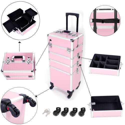 Alt View 5. Winado - 4 in 1 Makeup Train Case Rolling Cosmetic Large Capacity Organizer Key 360°Swivel Wheels for Nail Dresser Hairstylists - Pink.