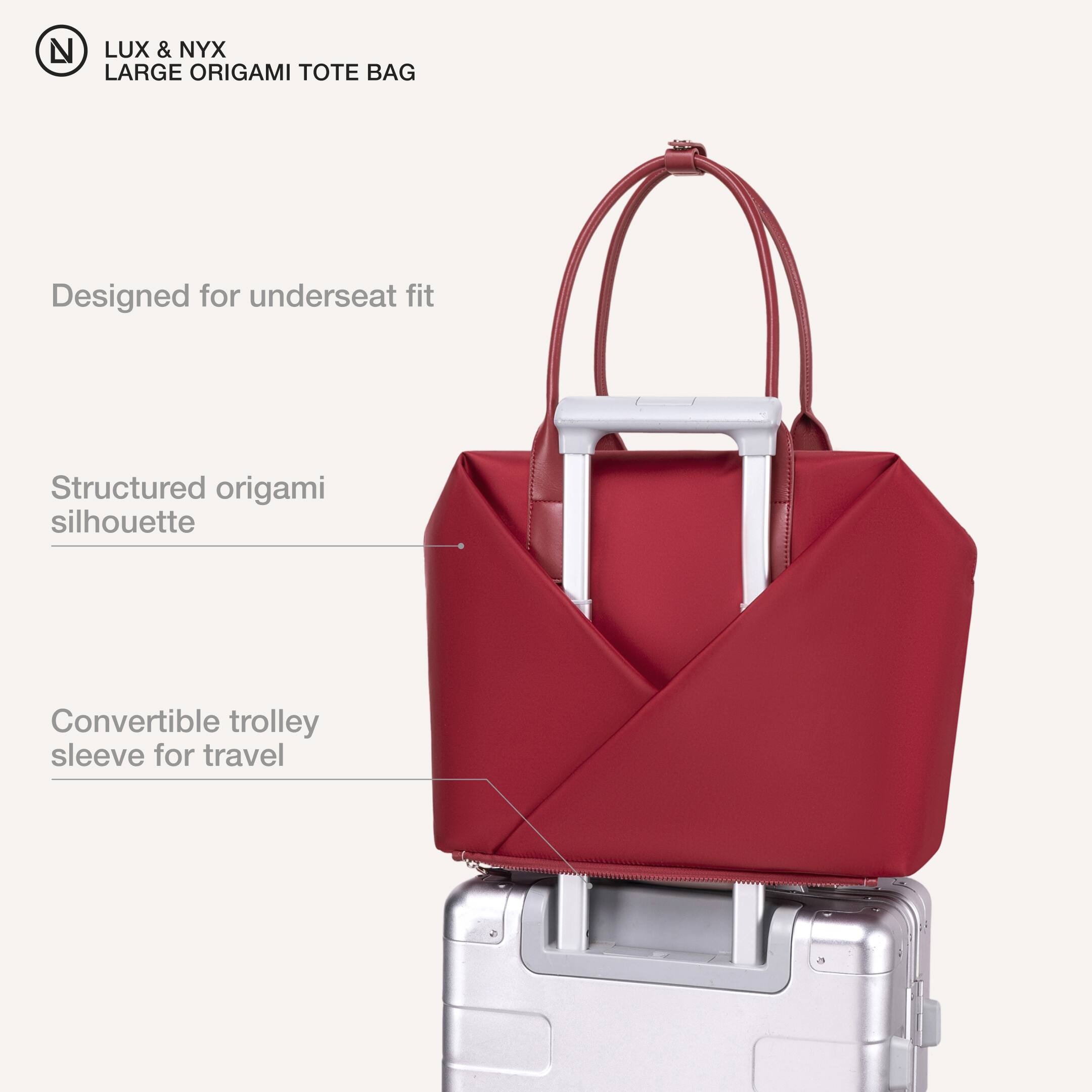 LUX & NYX LARGE ORIGAMI TOTE BAG

- Designed for underseat fit
- Structured origami silhouette
- Convertible trolley sleeve for travel