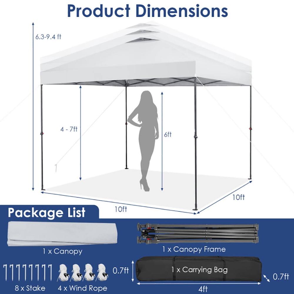 Product Dimensions: 6.3-9.4 ft, 4-7 ft, 6 ft

Package List: 
- 1 x Canopy
- 8 x Stake
- 4 x Wind Rope
- 1 x Canopy Frame
- 1 x Carrying Bag