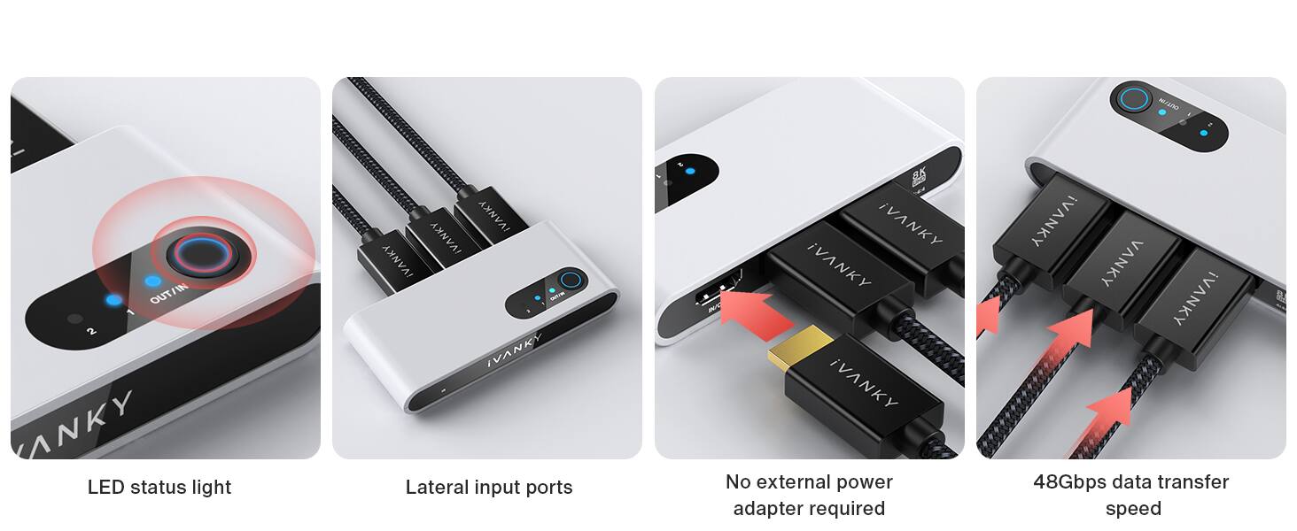 - LED status light
- Lateral input ports
- No external power adapter required
- 48Gbps data transfer speed