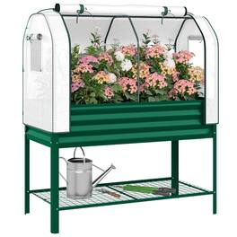 Outsunny - Galvanised Raised Garden Bed with Greenhouse Cover, Metal Elevated Garden Bed with Legs, Bed Liner and Bottom Shelf