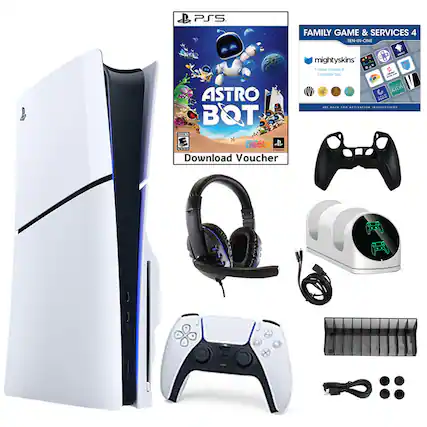 PS5 Family Game & Services 4 - Astro Bot: A game console and controller set, along with a download voucher for the game Astro Bot. The package also includes a ten-in-one game and a mightyskins game console cover.