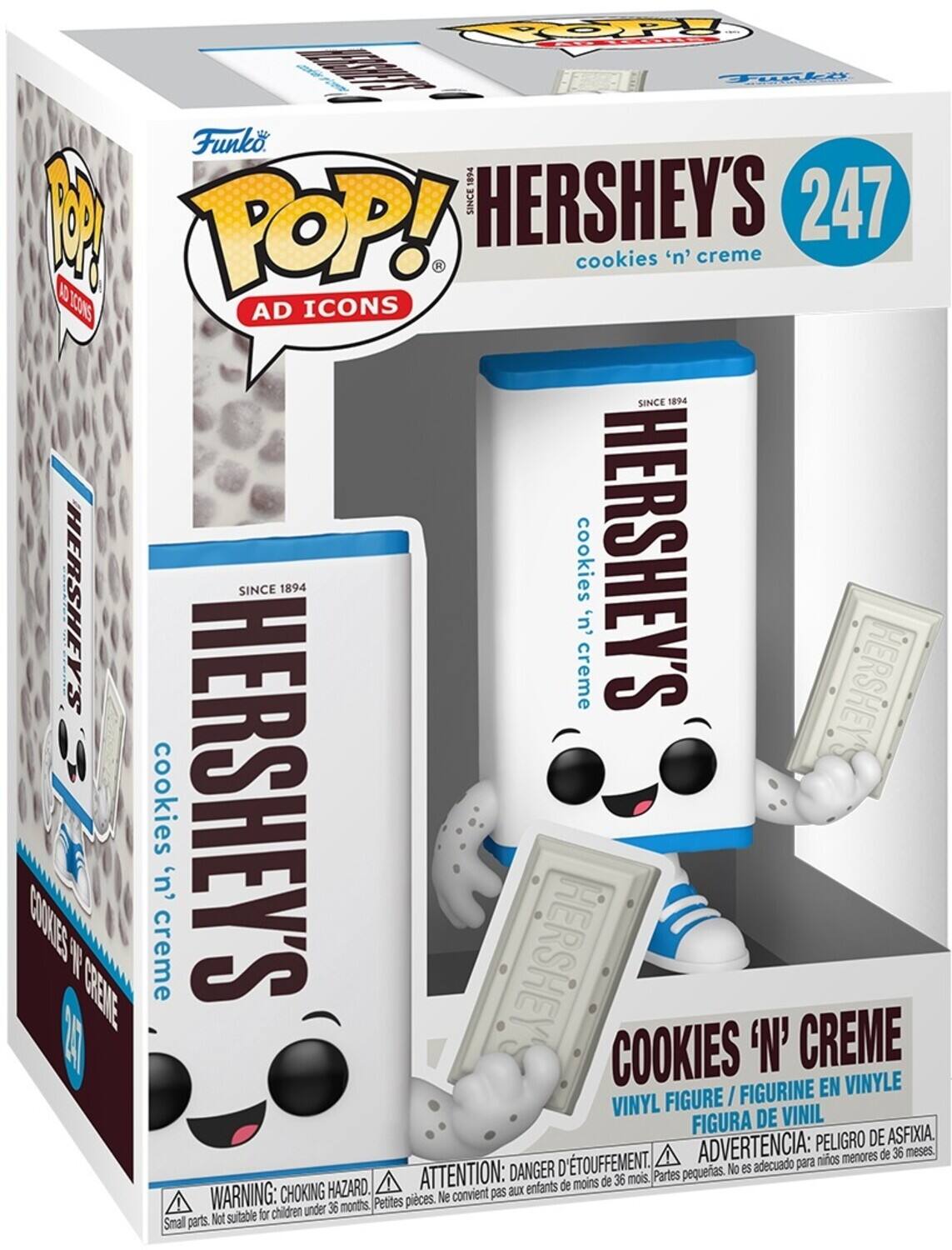 Sure, here is the corrected and grouped text from the image:

---

**Funko POP! AD ICONS**

**HERSHEY'S cookies 'n' creme**

**247**

**SINCE 1894**

**COOKIES 'N' CREME**

**VINYL FIGURE / FIGURINE EN VINYLE / FIGURA DE VINIL**

**WARNING: CHOKING HAZARD. Small parts. Not suitable for children under 36 months.**

**ATTENTION: DANGER. Petite pièce. Ne convient pas aux enfants de moins de 36 mois.**

**ADVERTENCIA: PEIGRO DE ASFIXIA. Peligro de asfixia. No es adecuado para niños menores de 36 meses.**

---

This text is organized to reflect the information on the packaging, including the brand, product name, series number, and safety warnings.