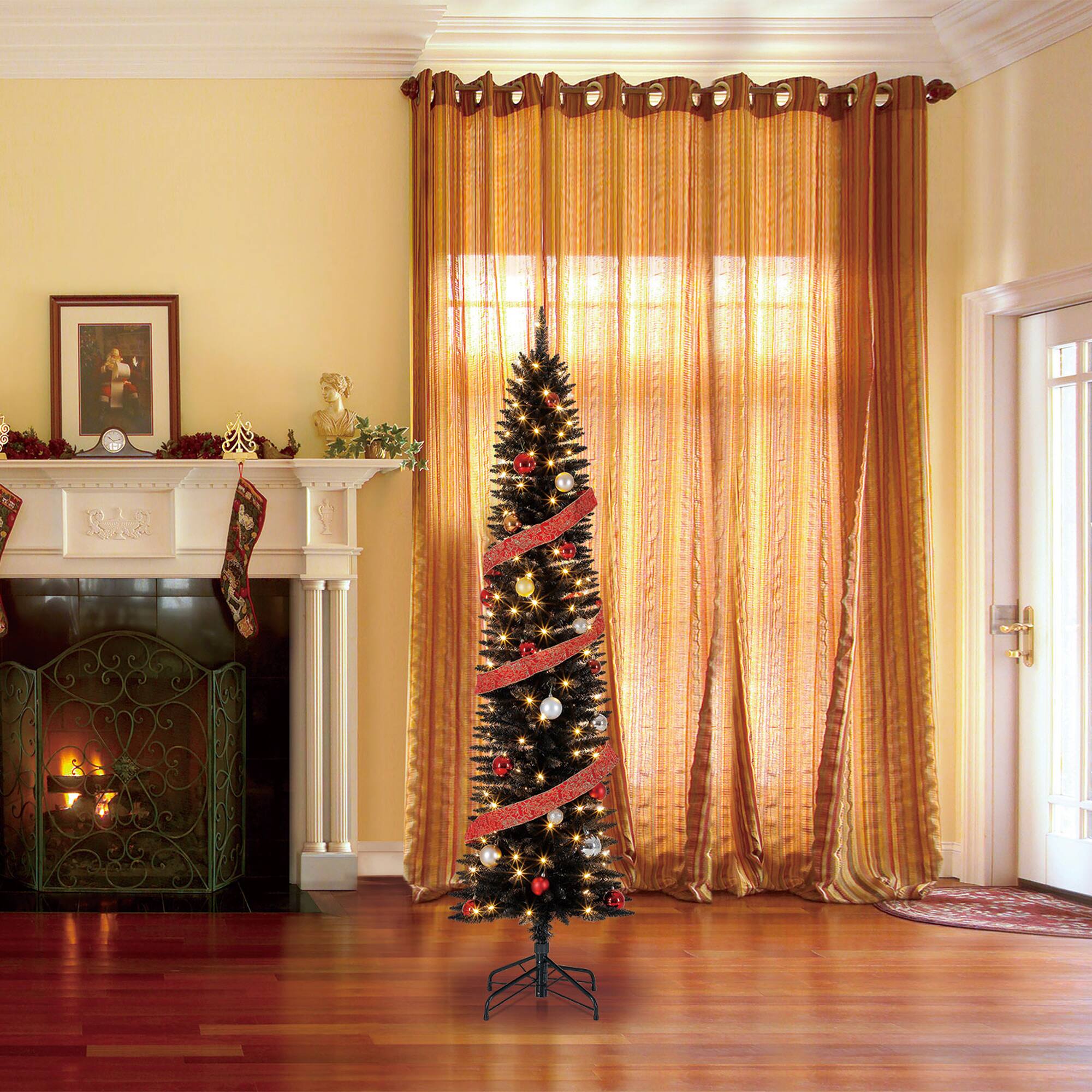 Alt View 4. Home Heritage - Home Heritage Tinsel 7' Pencil 150 LED Pre-Lit Artificial Christmas Tree, Black - Black.