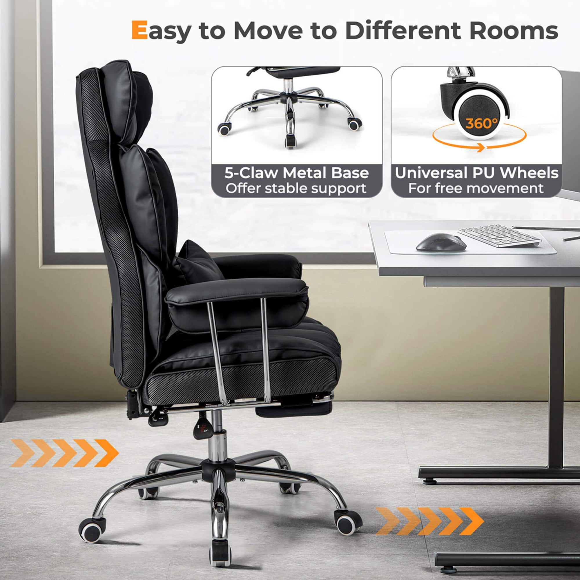 Easy to Move to Different Rooms: 360° 5-Claw Metal Base Universal PU Wheels Offer stable support For free movement.