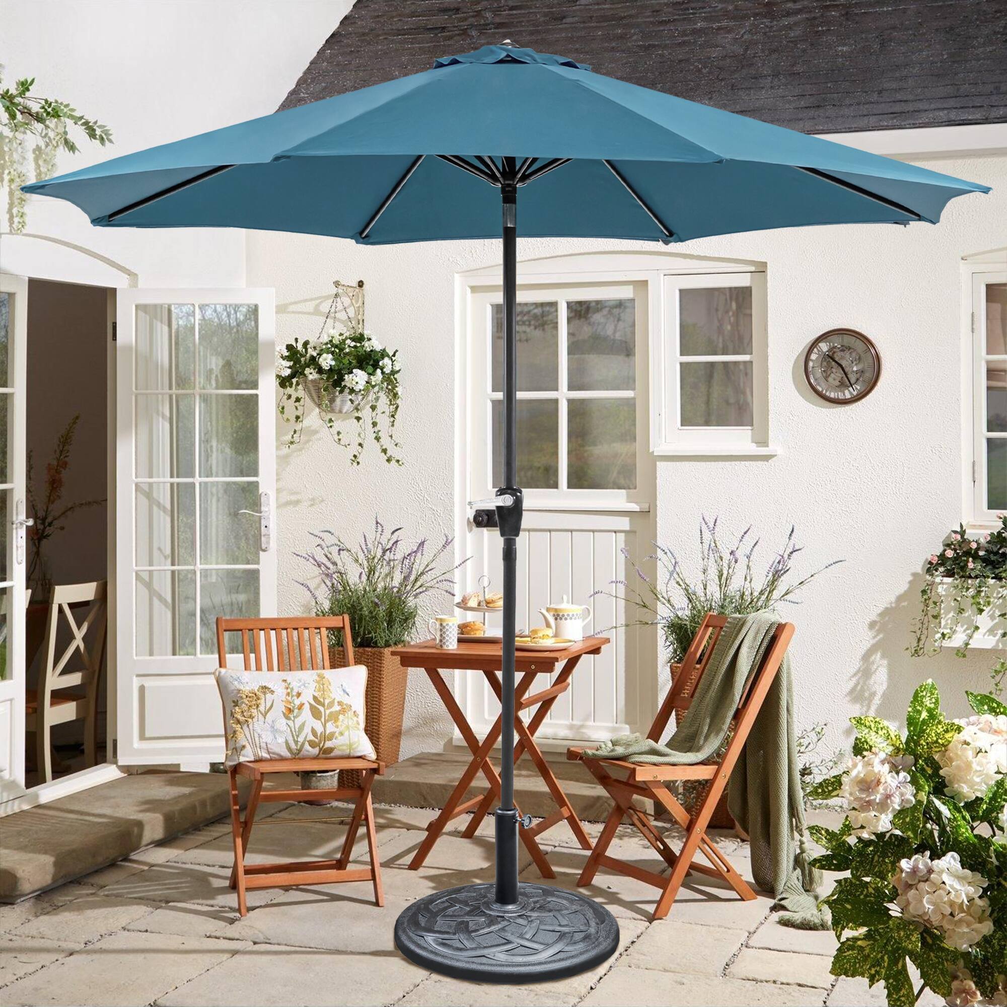 Angle. Vaczon - Auto-Tilt 9' Patio Umbrella with 21" Round Base, Fabric Canopy Steel Frame for Beach & Patio - Blue.