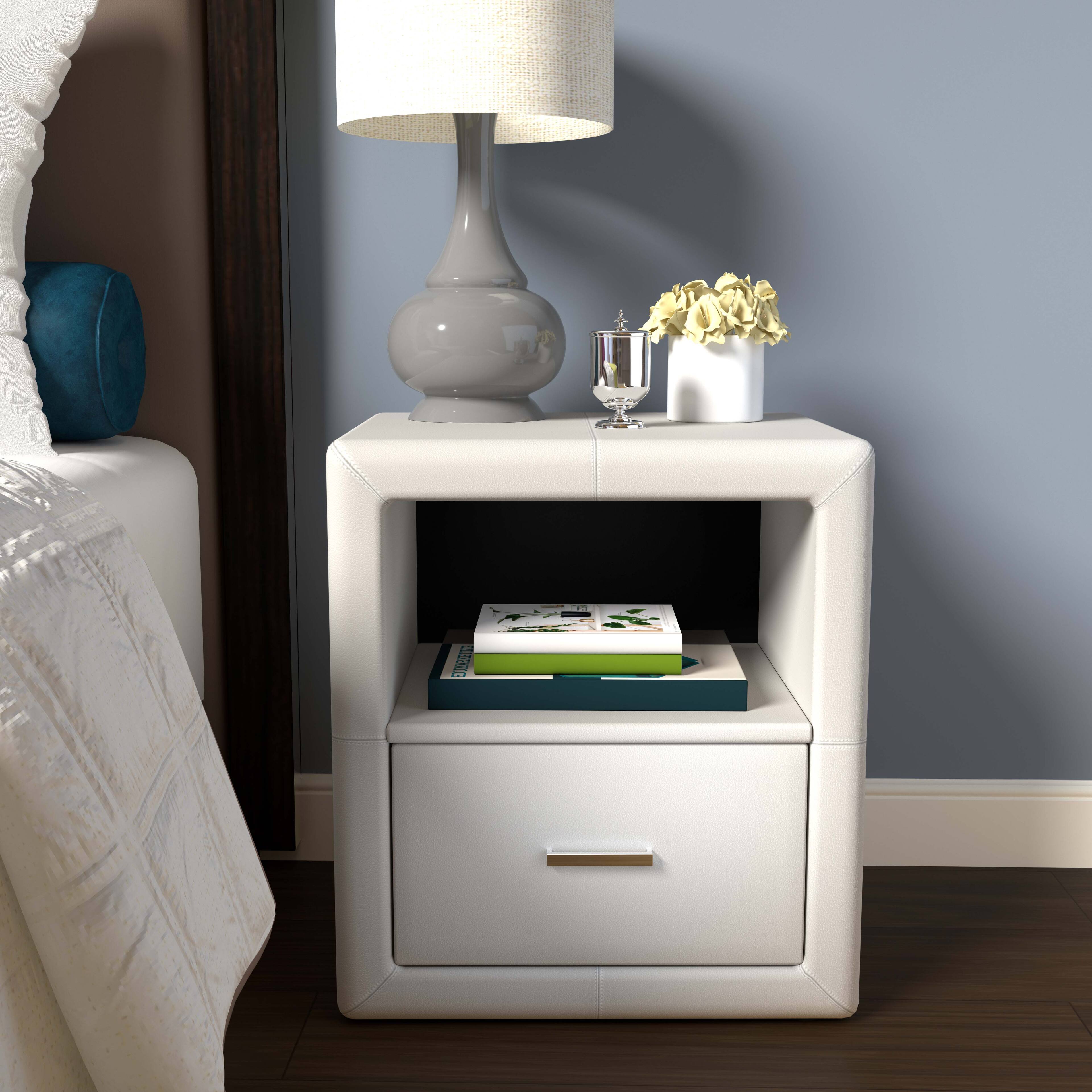 Alt View 1. Boyd Sleep - Boyd Sleep Lombardi Faux Leather One Drawer Nightstand- Pre-Assembled- Low profile bedroom end table - White.