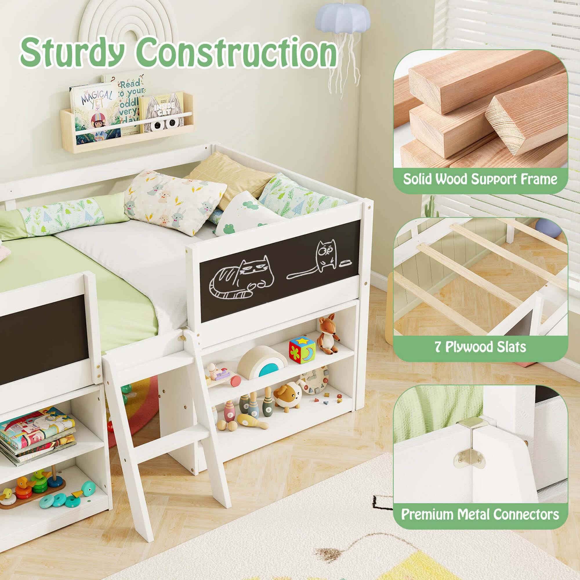 Sturdy Construction: Your child's bed is made with solid wood support frame and 7 plywood slats for added stability and durability. Premium metal connectors ensure a secure and safe connection between the bed frame and the mattress.