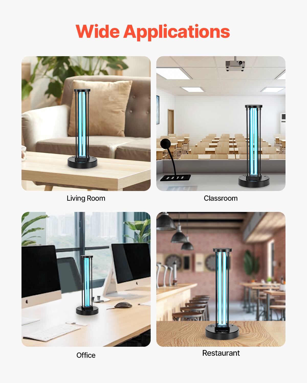 The text in the image is:

"Living Room
Classroom
Office
Restaurant"

The corrected and grouped text is:

"Living Room, Classroom, Office, Restaurant"