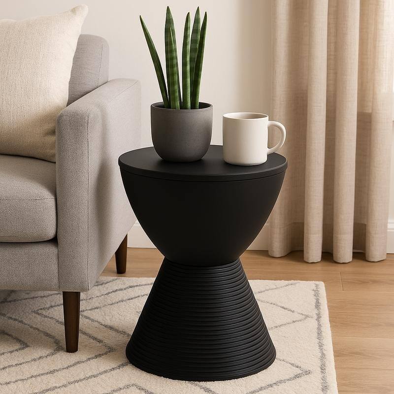 Left. LeisureMod - Boyd Modern Round Hourglass Accent Side Table, Drum Storage Table with Ribbed Base for Indoor/Outdoor - Black.