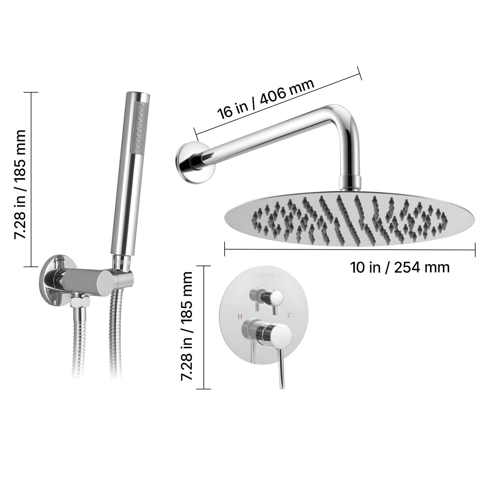 7.28 in / 185 mm, 16 in / 406 mm, 10 in / 254 mm