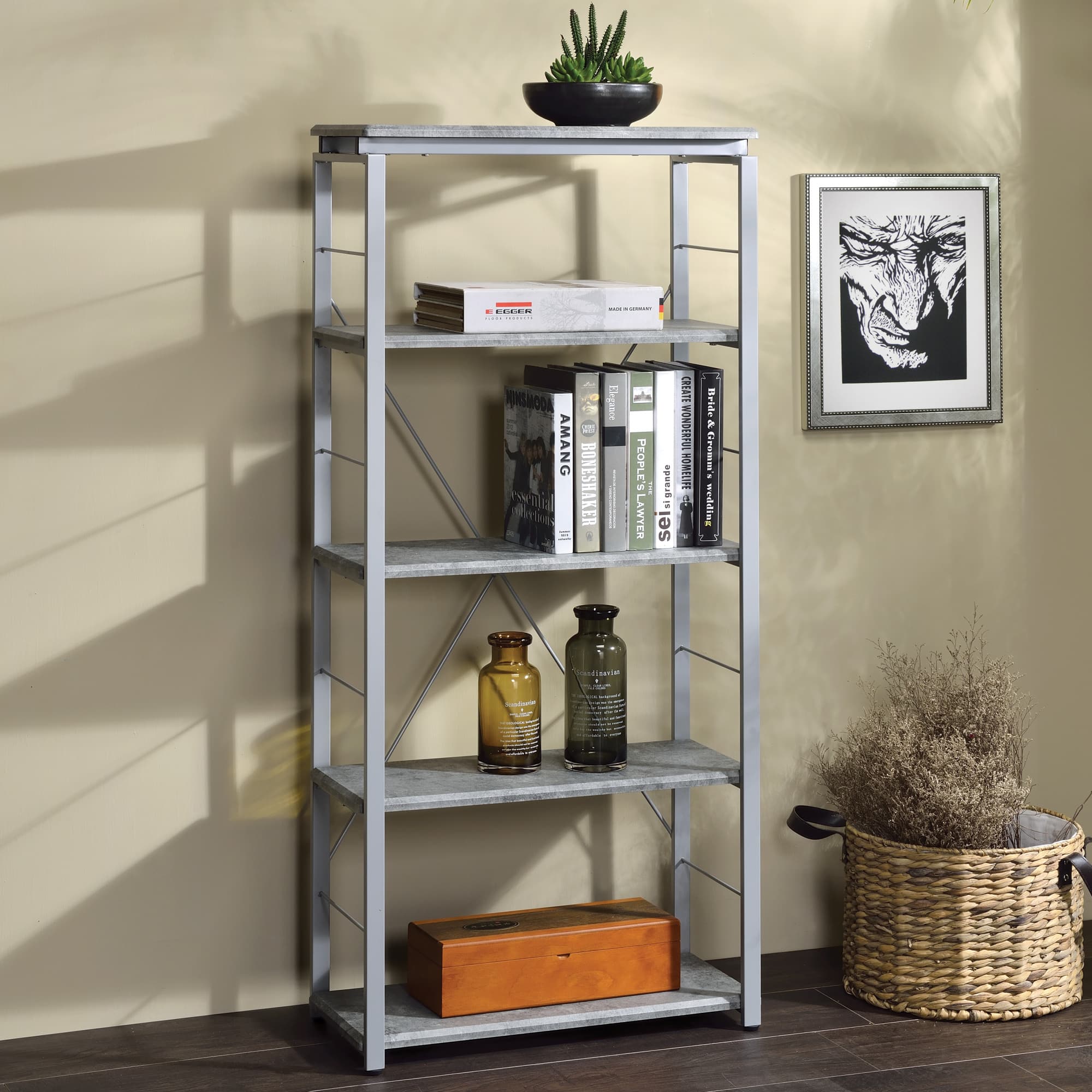 GOODSILO - Modern Faux Concrete and Silver Metal Frame Bookshelf with Open Compartments - Gray+Silver