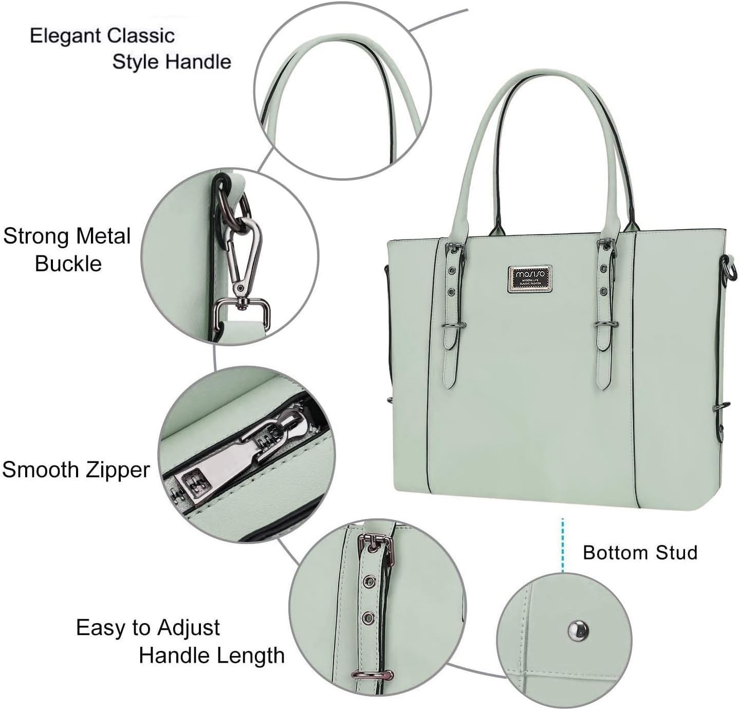Elegant Classic Style Handle  
Strong Metal Buckle  
Smooth Zipper  
Bottom Stud  
Easy to Adjust Handle Length