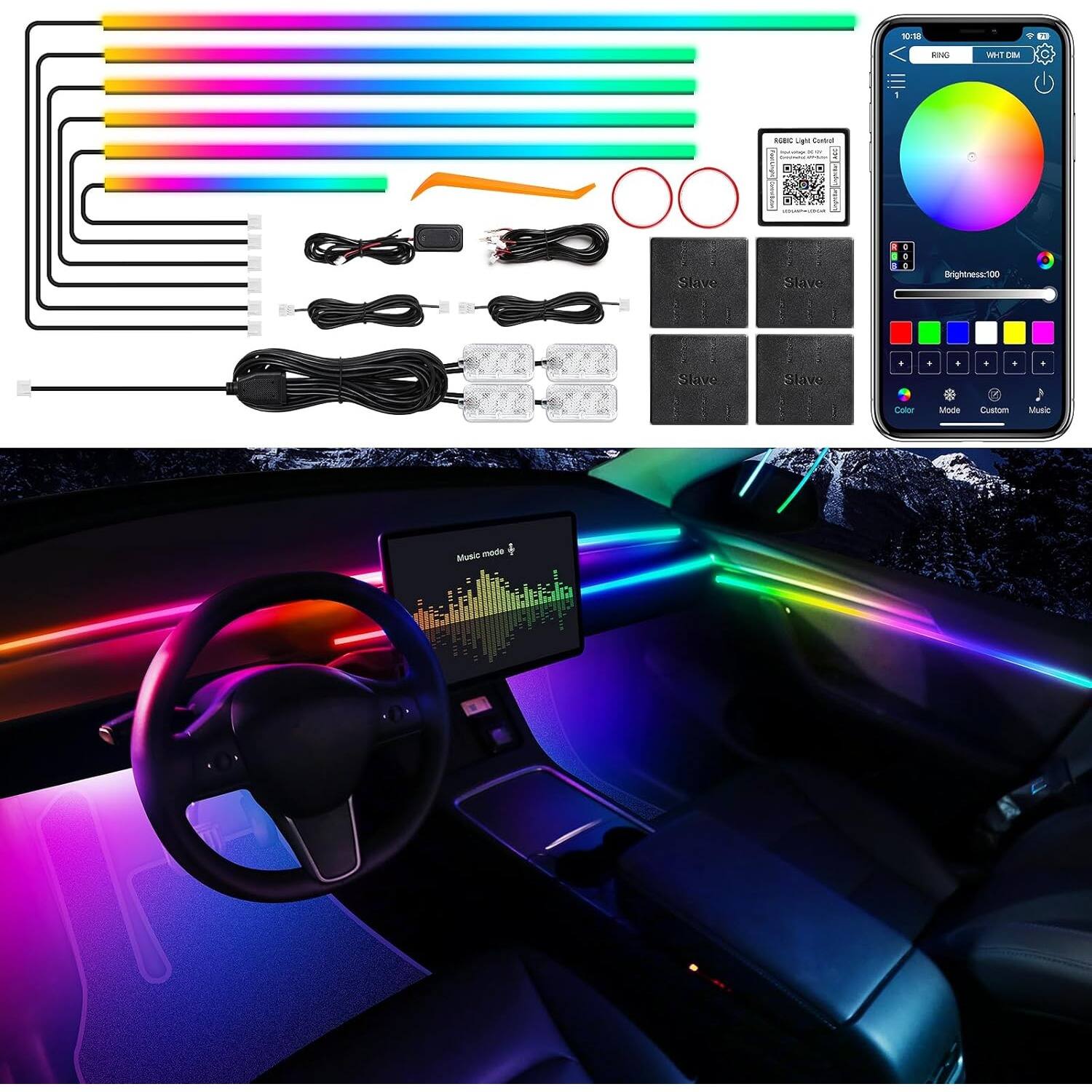 PARKER SLATER - Dream+Color Car LED Strip Light, 10-in-1 RGB Fiber Optic Ambient Kit with APP & Music Sync - RGB&Dream+color