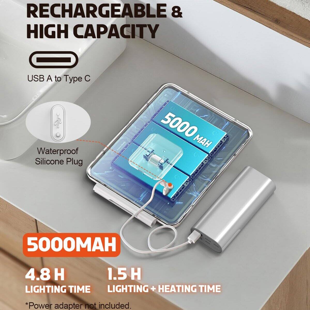 RECHARGEABLE & HIGH CAPACITY  
USB A to Type C  
Waterproof Silicone Plug  
5000 MAH  
4.8 H LIGHTING TIME  
1.5 H LIGHTING + HEATING TIME  
*Power adapter not included.
