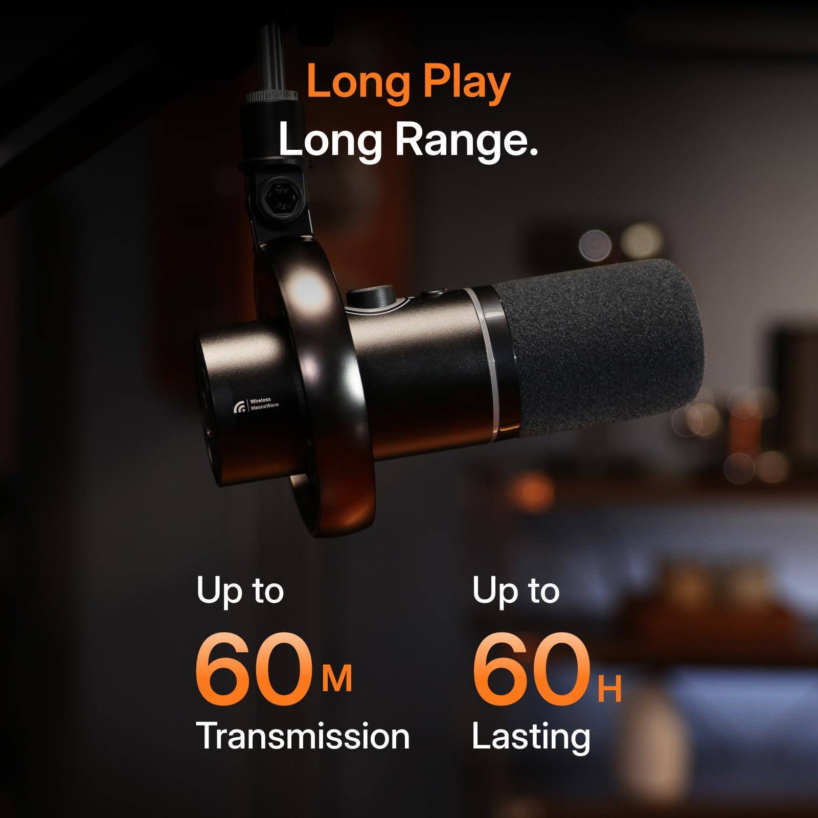 Long Play Long Range.

Up to 60 M Transmission

Up to 60 H Lasting
