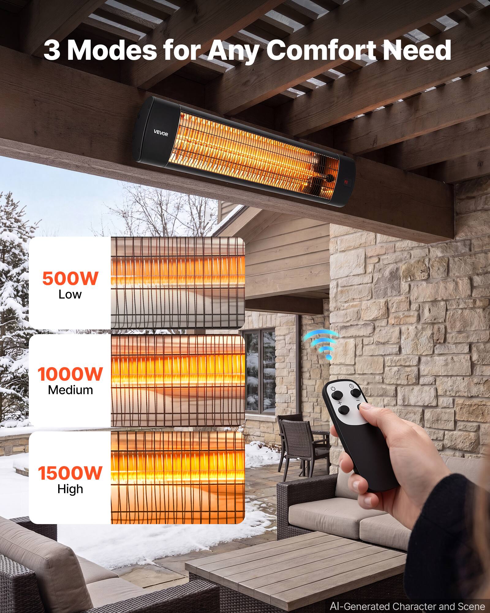 3 Modes for Any Comfort Need

VEVOR

500W Low
1000W Medium
1500W High

AI-Generated Character and Scene