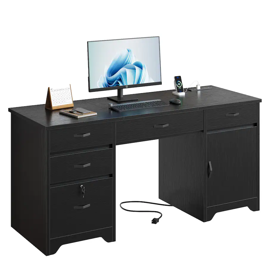 Bestier 59 inch Office Desk with Charging station, File Drawers ...