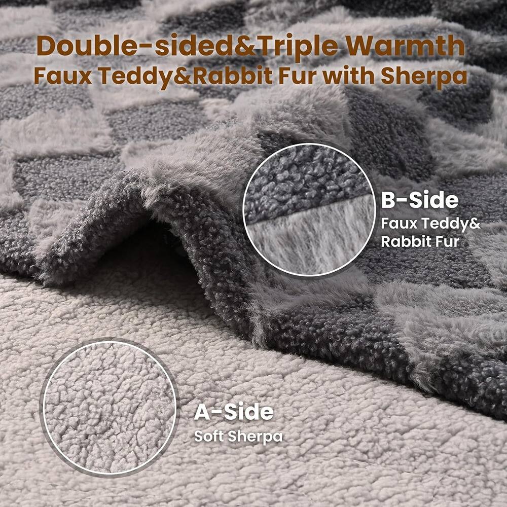 Double-sided & Triple Warmth  
Faux Teddy & Rabbit Fur with Sherpa  

A-Side  
Soft Sherpa  

B-Side  
Faux Teddy & Rabbit Fur