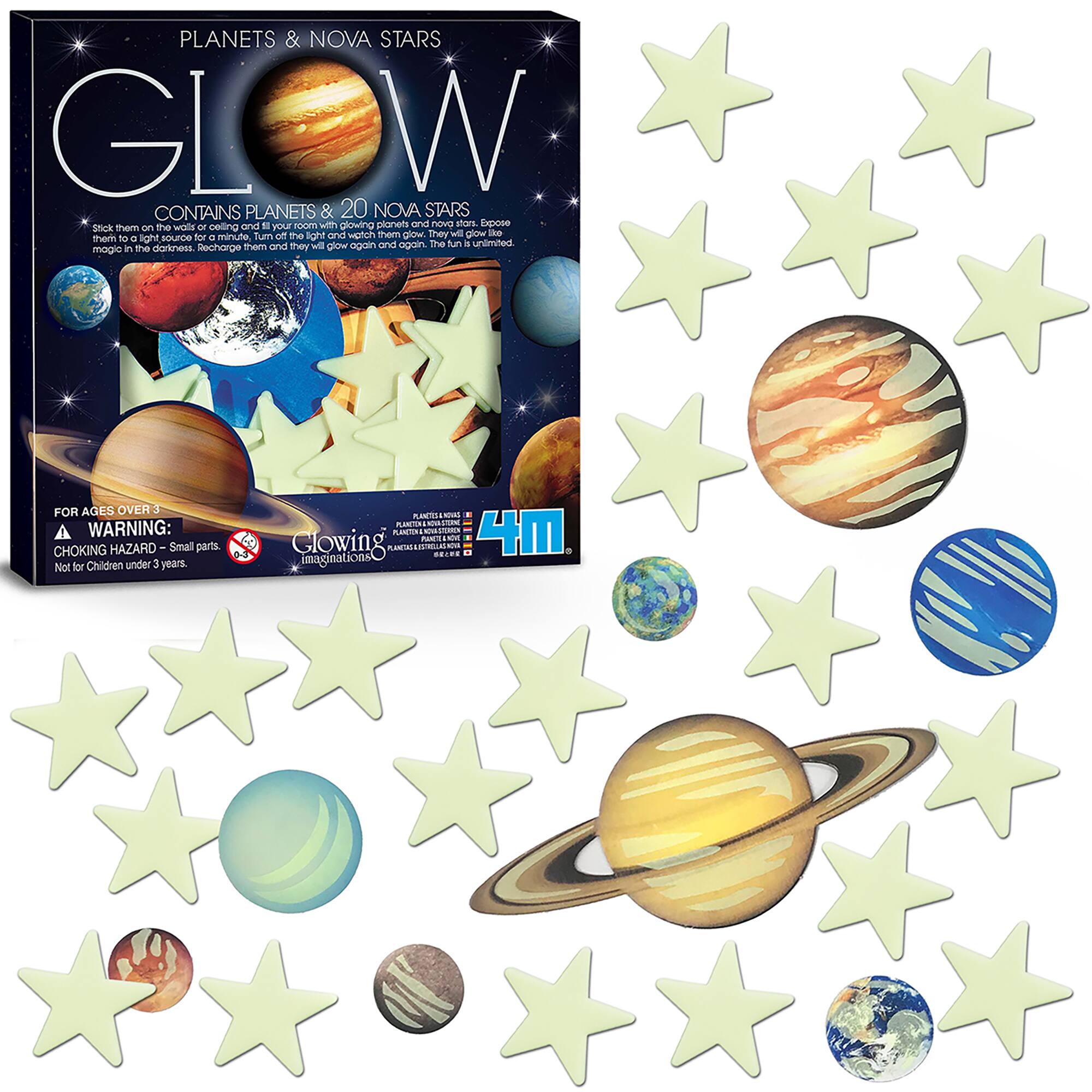 PLANETS & NOVA STARS GLW CONTAINS PLANETS & 20 NOVA STARS piekk the wolld  coling and  your AmS  glowing plolen ars nova ston Expose them on minute fum un the Oh OF watch them glow They'll glow like the stars in the sky. They'll glow in the dark after being charged by a light source. Recharge them and they'll glow again and again. The tin contains a unlimited amount in the FOR AGES OVER 3. WARNING: CHOKING HAZARD Small parts. Not for Children under 3 years.