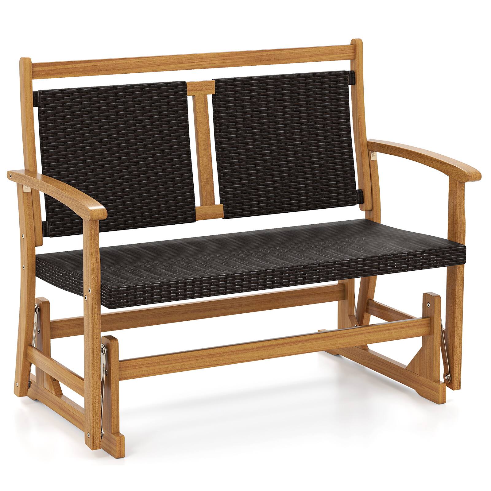 Front. Gymax - Gymax Patio Rattan Glider Bench Swing Gliding Rocker for 2 w/ Acacia Wood Frame - Mix Brown.