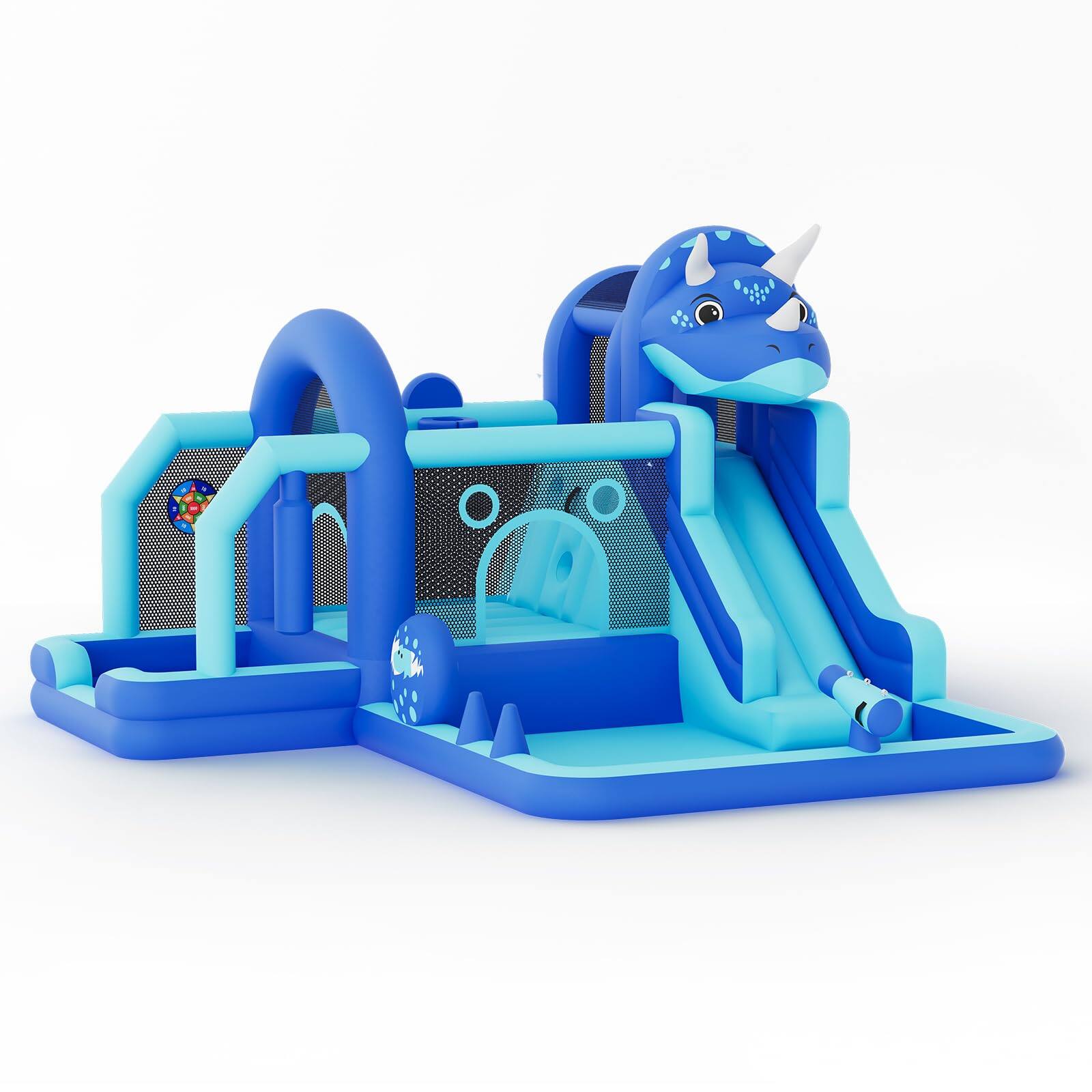 Front. Babevy - Inflatable Dinosaur Bounce House with Slide & Air Blower – Kids Bouncy Castle for Indoor & Outdoor Play - Blue.