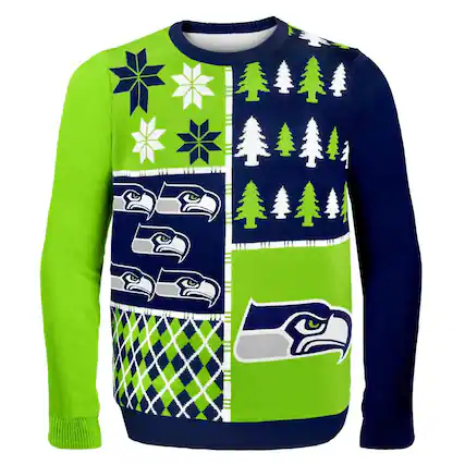 Front. Forever Collectibles - Seattle Seahawks Busy Block NFL Ugly Sweater Large - Green.