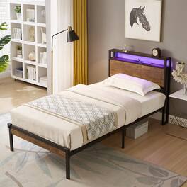 LUCKY ONE - Twin Size Metal Platform Bed Frame with Wooden Headboard and Footboard,LED Lights - Black+Brown