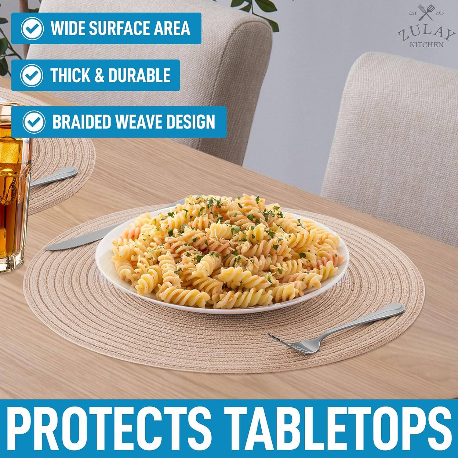 The text in the image can be grouped and corrected as follows:

- **Wide Surface Area**
- **Thick & Durable**
- **Braided Weave Design**
- **Protects Tabletops**

These features are highlighted in the image, showcasing the product's benefits.