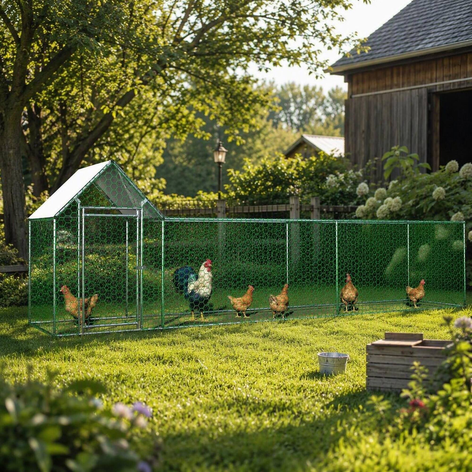 Back. RYHNUYNE - 16x3FT Metal Chicken Coop Run, Walk-in Poultry Cage with Waterproof Cover, Outdoor Hen House for Small Animals.