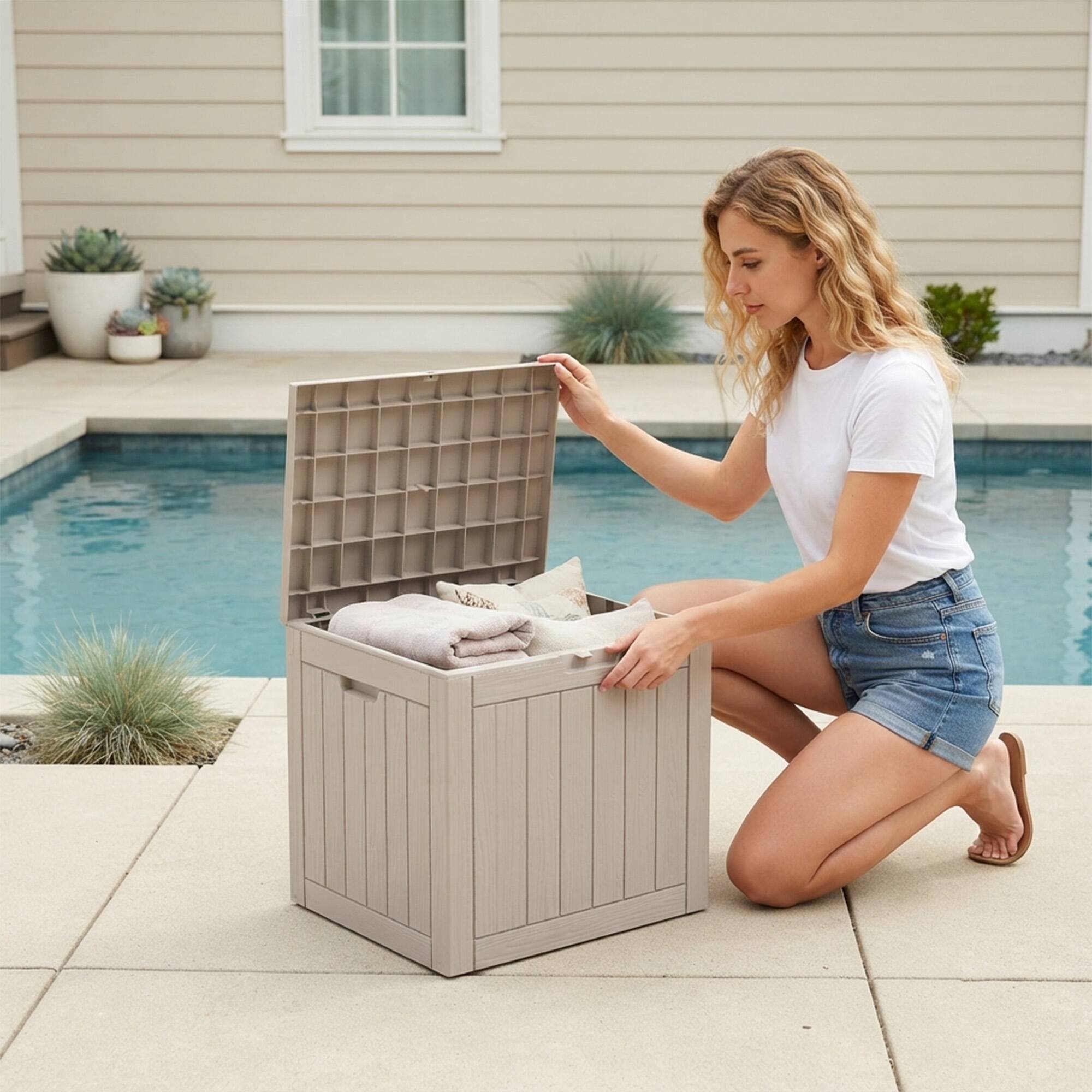 Left. LAUSAINT HOME - 35 Gal.Water Resistant Resin Lockable Deck Box, Large Lockable Capacity, Versatile Deck Storage Bench - Brown.