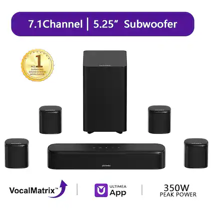7.1 Channel | 5.25" Subwoofer
A NO. 1 SUBBOUND SOUND SYSTEM WORLDWIDE
C.- CE
ULTIMEA VocalMatrix ULTIMEA App
350W PEAK POWER