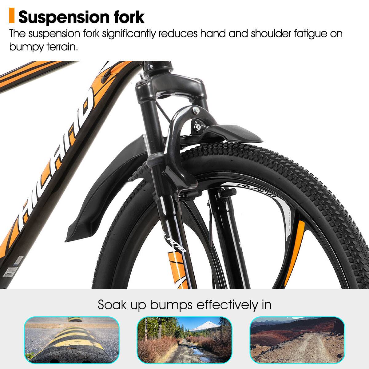 Suspension fork

The suspension fork significantly reduces hand and shoulder fatigue on bumpy terrain.

Soak up bumps effectively in