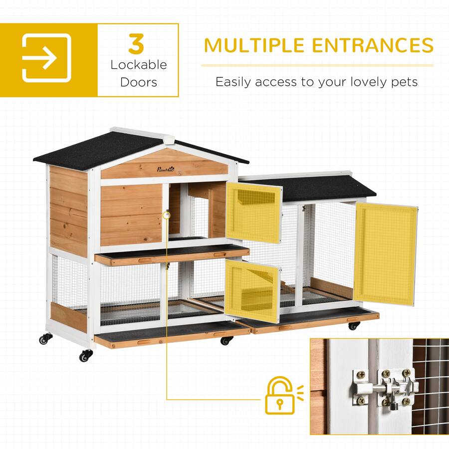 Pawhut Wooden Mobile Rabbit Hutch with Wheels, Run Box, Slide out Tray ...