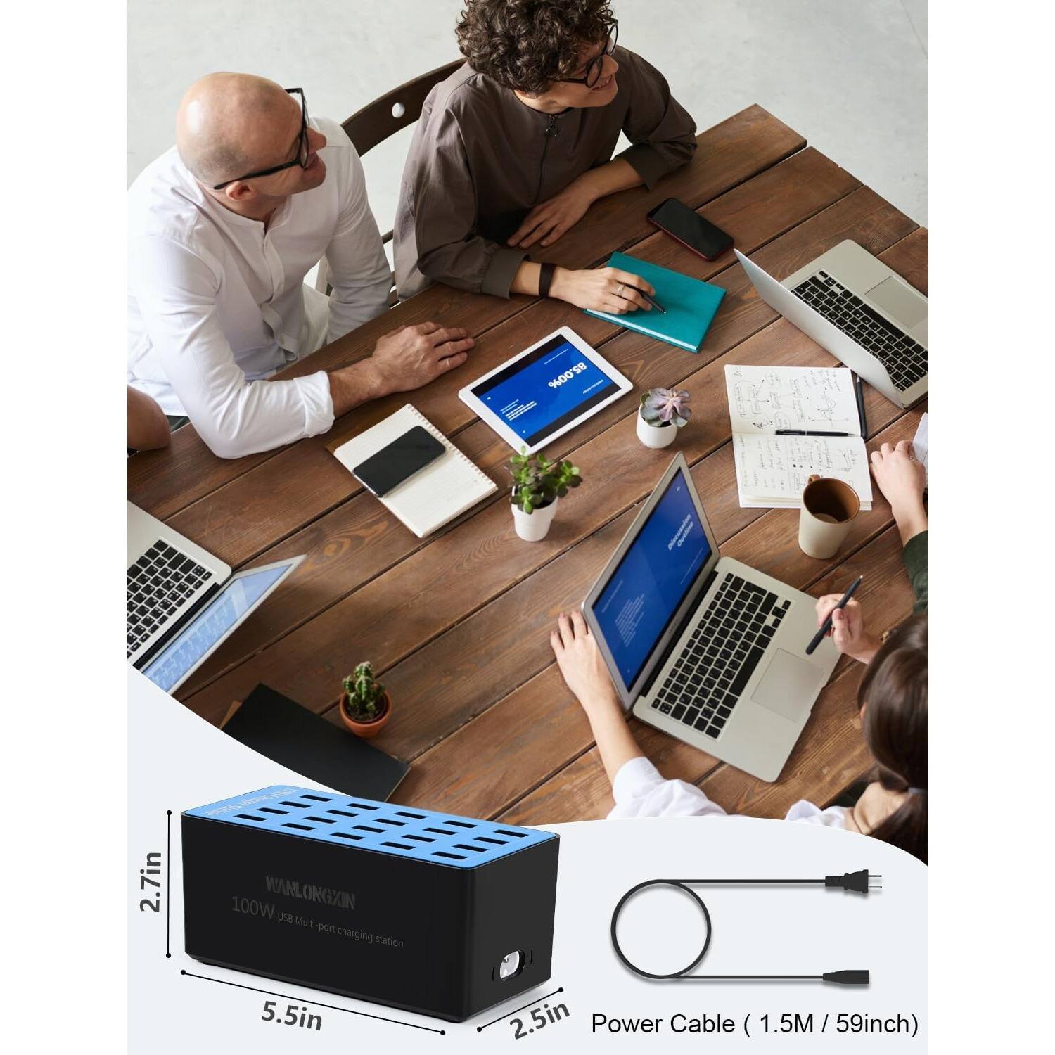 %0os8 S d 2.7in 100W WANLONGZIN uSs Multi-pont port charging station 5.5in 2.5in Power Cable ( 1.5M / 59inch)