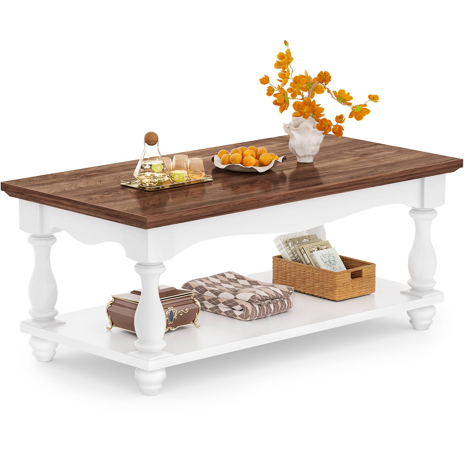 Angle. Aheaplus - Wooden Coffee Table - 2-Tier Farmhouse Coffee Table with Storage for Living Room - White & Brown.