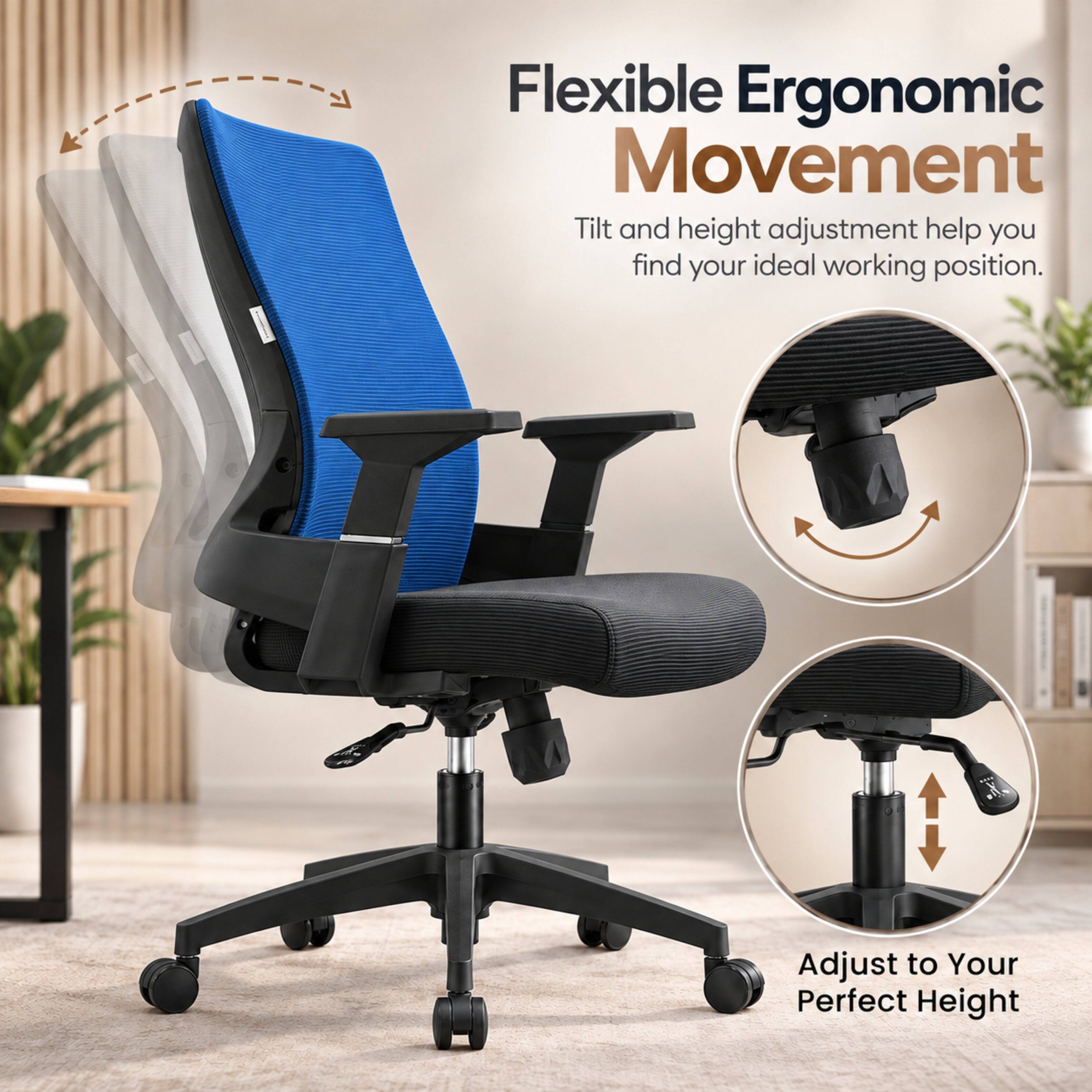Flexible Ergonomic Movement  
Tilt and height adjustment help you find your ideal working position.  
Adjust to Your Perfect Height