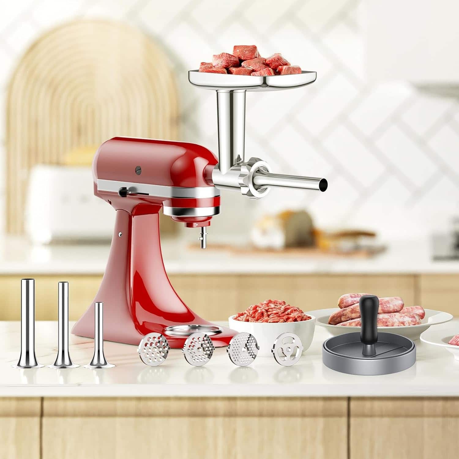 MOSZAR LLC - Stainless Steel Meat Grinder Attachment for KitchenAid Stand Mixer - Metal Silver